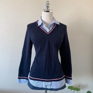 Navy Blue V-Neck Layered Sweater